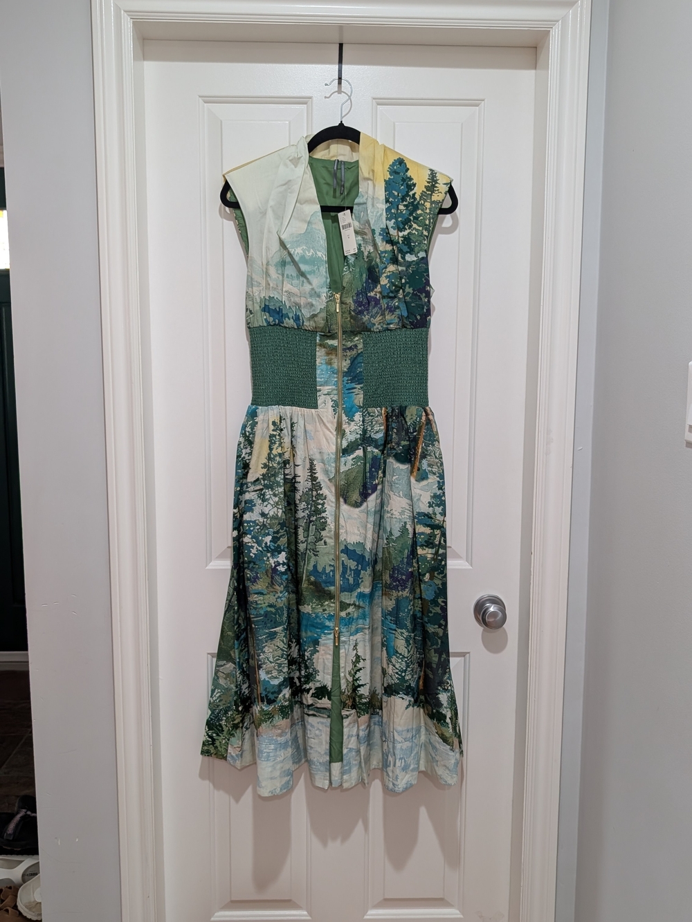 Anthropologie Tommie Green and Blue Printed Midi Dress with Smocked Waist - Picture 2 of 6